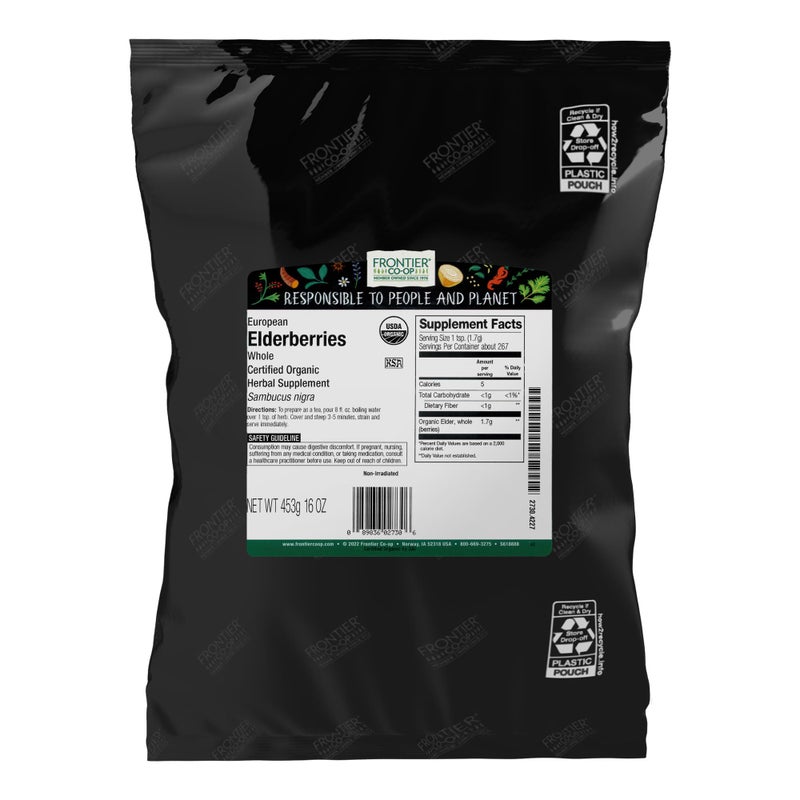 Frontier Coop Organic Dried Elderberries 1lb Bulk Bag European Whole Kosher and NonGMO Organic Elderberry Berries Dried for Tea Immune Support